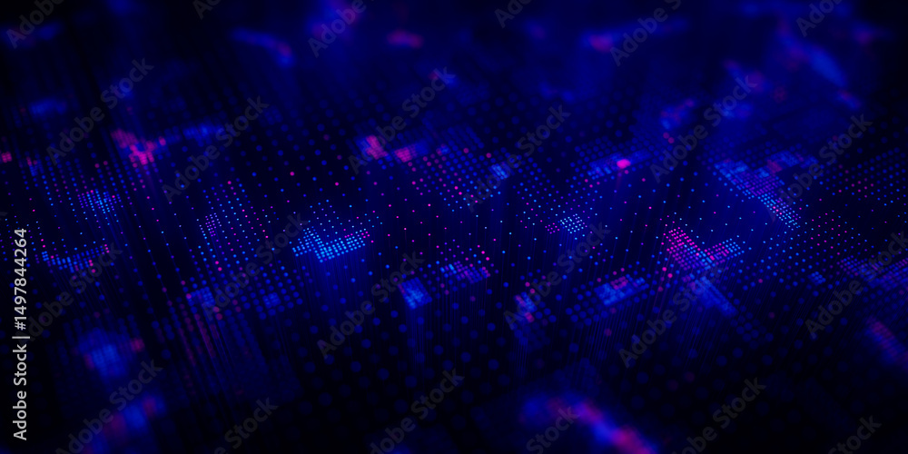Poster Big Data clusters complex graph. Quantum computing patterns. Cyber space of AI technology neural connections. Futuristic graph. Digital information presentation. 