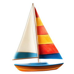 A vibrant sailboat with colorful striped sails and a blue hull