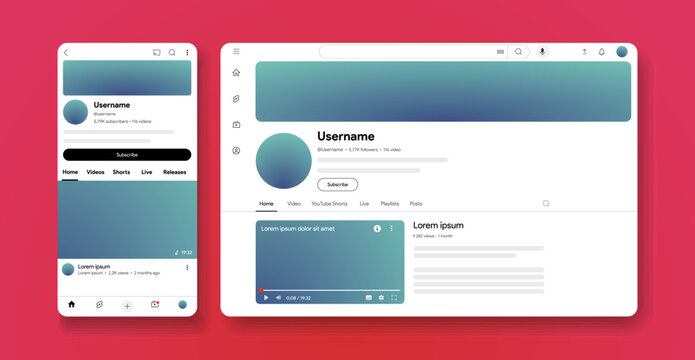 Home page of youtube profile. Vlog channel interface. Video player template. UI blog webpage. Responsive mobile and desktop social media screen. Vector Illustration mock up.