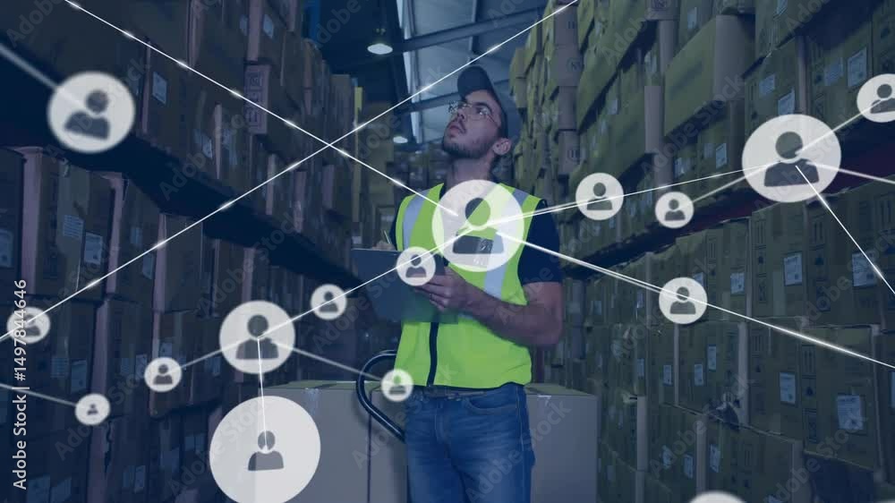 Poster warehouse operator tapping tablet checking stock while inspecting labels and expanding icon network