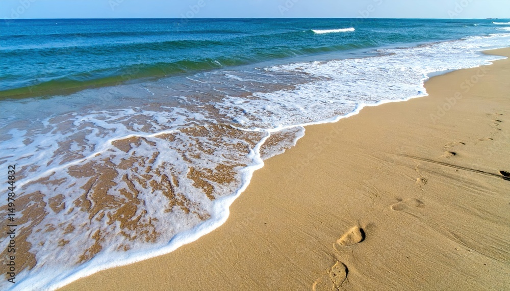Poster serene beach scene with gentle waves and calm patterns on sand