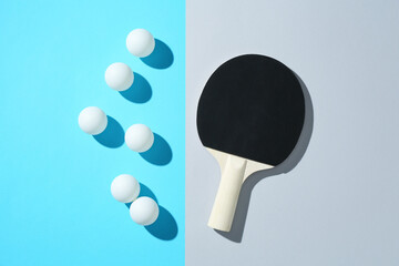 Ping pong racket and balls on color background, flat lay