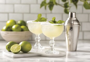 Fototapeta premium Three glasses of margaritas, one with lime and salt on the rim