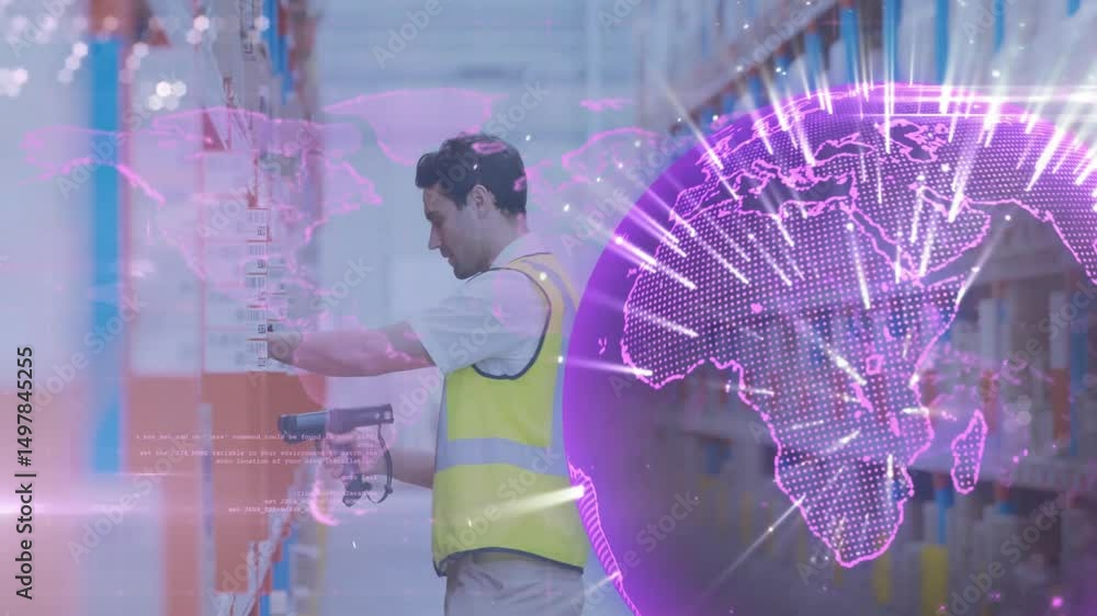 Poster warehouse associate scanning barcodes when globe overlay pulsing for inventory tracking