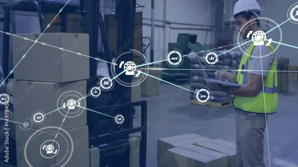 Aufkleber warehouse worker entering inventory on laptop and generating network overlay visualizing stock data