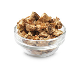 Pieces of dry chicory roots in bowl isolated on white