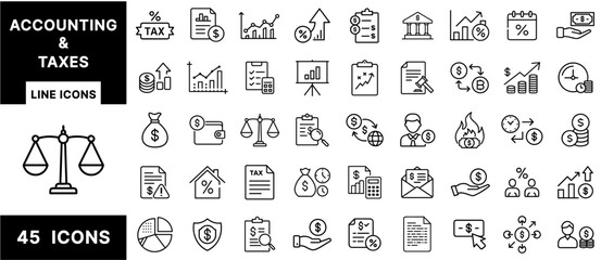 Accounting and Taxes Line Icons Set – Tax Forms, Percentages, Charts, Calculators, Reports, Money Flow, Budgeting, Income, and Audit Symbols for Financial Design