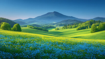 Blooming summer meadow with blue flowers and rolling green hills, distant forest and mountains under clear blue sky, idyllic natural landscape for seasonal design