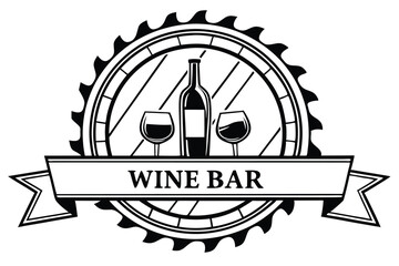 Stylish Wine Bar Logo Design with Bottle, Glasses and Barrel Element, Black and White Vector.