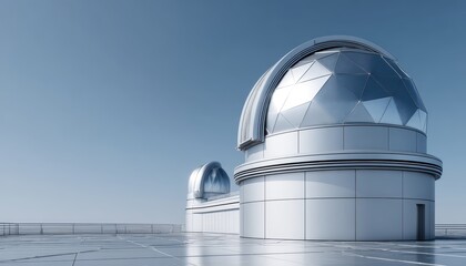 Obraz premium Two modern observatory domes under a clear blue sky, featuring sleek, geometric architecture on a spacious rooftop.