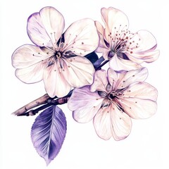 A serene ambiance is created by a delicate arrangement of four soft pastel cherry blossoms, which boast intricate petals and golden stamens, all subtly set against a cream-colored background to evoke
