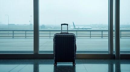 Lonely Suitcase at Airport Terminal with Airplane in Distance