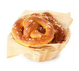 Tasty pretzels with salt in wicker basket isolated on white