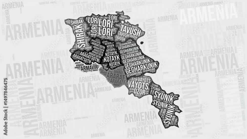 Poster armenia animation. visual effect of armenia regions appearing in black and white word clouds style. 
