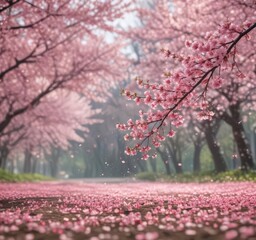 Delicate pink sakura petals drift against a bokeh of blossoming cherry trees ,  airy,  pink,  falling