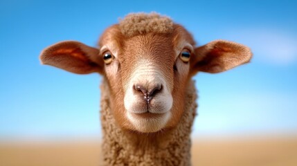 Fototapeta premium Close-up of a young brown sheep with a clear blue sky background