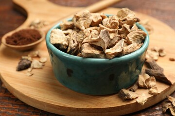 Pieces of dry chicory roots in bowl and spoon with powder on table, closeup