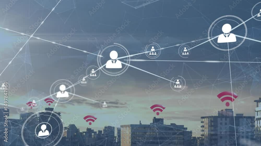 Poster dusk skyline starting user icon linking wifi nodes and groups growing net showing connectivity