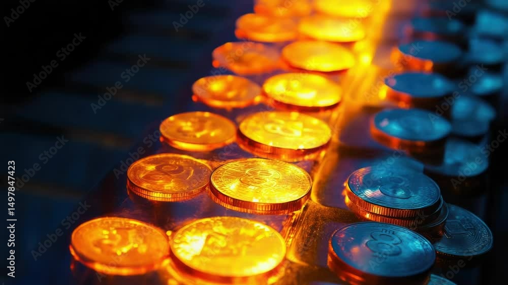 Poster Row of illuminated coins on a table surface, suitable for financial or business use