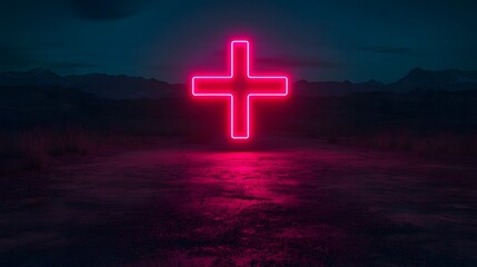 Obraz premium Glowing cross in the desert landscape at night
