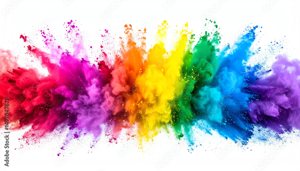 Poster vibrant explosion of colors creating a rainbow effect with clouds of pigment dispersing against a wh