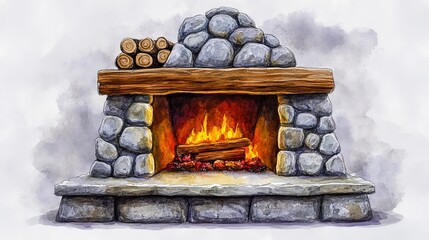Fireplace watercolor illustration isolated on transparent

