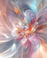 This vibrant floral image features a close-up of delicate petals in shades of orange, pink, and white, with a textured appearance that is accentuated by the blurred blue surroundings