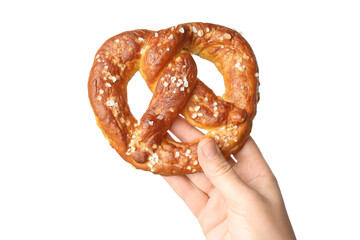 Woman with tasty pretzel on white background, closeup