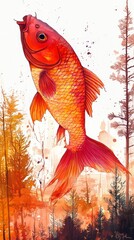 A red fish, beautifully illustrated and full of vibrant colors, is set against an abstract forest background, where its artistic details and natural beauty are able to shine and evoke a sense of