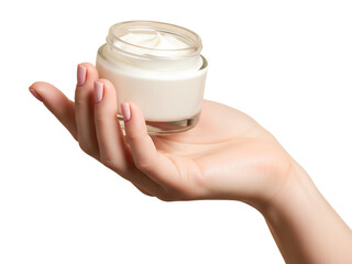 Hand Holding Glass Jar of White Cream Isolated on Transparent Background – Skincare and Beauty Product Mockup