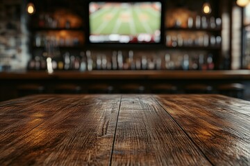 Rustic wooden bar top, blurred background