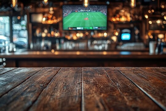 Wooden bar top with a blurred background of a sports bar