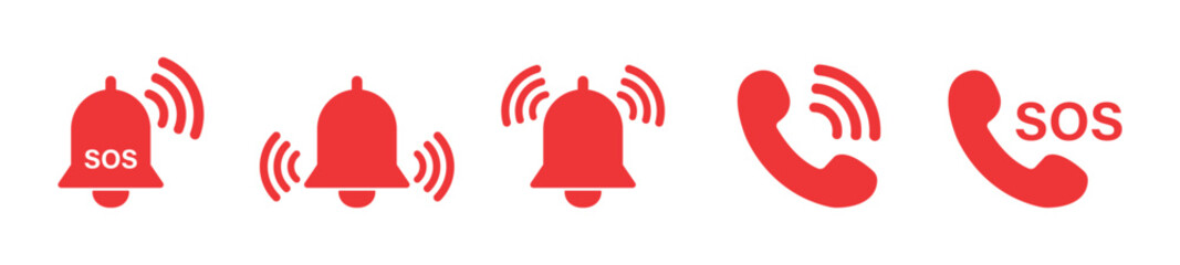 Vector Alarm Bell and SOS Call Symbols, Red Emergency Alert Notification Icons Set