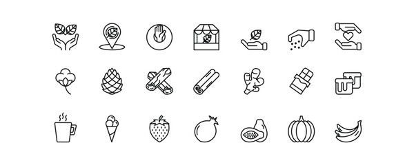 A set of 21 editable stroke icons representing eco-friendly, locally sourced, and handmade products. This collection includes symbols such as ethical production, natural ingredients, artisan-made good
