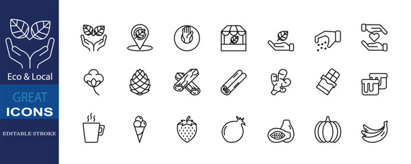 A set of 21 editable stroke icons representing eco-friendly, locally sourced, and handmade products. This collection includes symbols such as ethical production, natural ingredients, artisan-made good