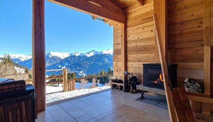 Fototapeta premium Serene Mountain Retreat with Scenic View from Wooden Cabin Fireplace