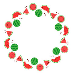 Summer watermelon circle frame, Food illustration, Tropical fruit image for poster, flyer, greeting postcard, invitation. 