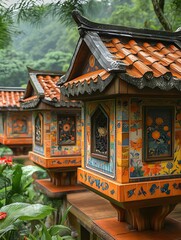 Close up of decorative asian style structures with orange roofs in a lush green garden setting