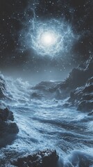 Over the tranquil ocean, a breathtaking dawn breaks, bringing with it gentle waves that roll softly under a starry sky, creating a peaceful ambiance