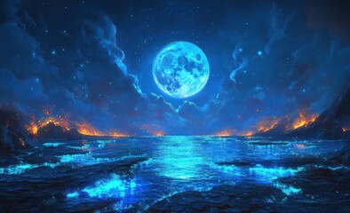 Vast, ethereal landscape at night.  Large, luminous moon,  fiery mountains reflecting in a glowing,  blue-toned sea