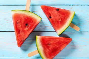 Watermelon Slices on Sticks Against Blue Wood