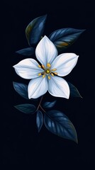 A breathtakingly beautiful illustration of a white flower with slender petals and luminous yellow stamens, situated against a dark and mysterious backdrop, highlighting its exquisite charm and
