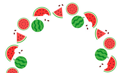 Summer watermelon circle frame, Food illustration, Tropical fruit image for poster, flyer, greeting postcard, invitation. 