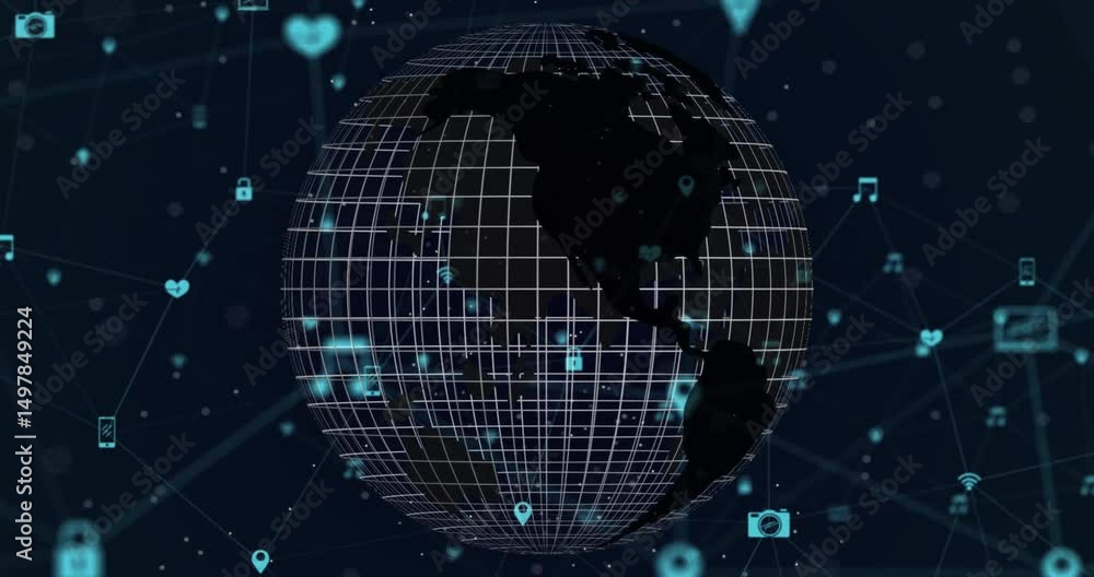 Poster wireframe globe focusing, rotating while data icons appearing and linking to show network surge