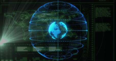 Holographic Earth rotating, green light emerging from left and scanning rings pulsing for analysis - Powered by Adobe