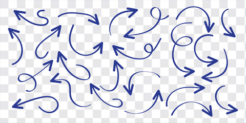 Set of black hand drawn arrow element vector. Collection of doodle arrows, lines, symbol, pointing mark, shapes on white background. Simple icon illustration for education, decoration, map.