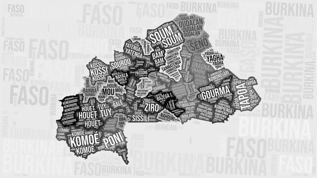 Burkina Faso Animation. Visual effect of Burkina Faso regions appearing in black and white word clouds style. Country intro video. Elegant Animated Motion Graphics.