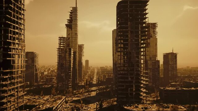 A haunting view of a deserted urban area filled with deteriorating skyscrapers under a dusty orange sky