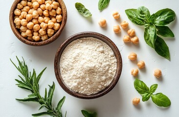 Chickpea flour, whole chickpeas, and herbs