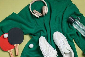 Sportswear, sneakers, water bottle, headphones, ping pong rackets and balls on pale olive...